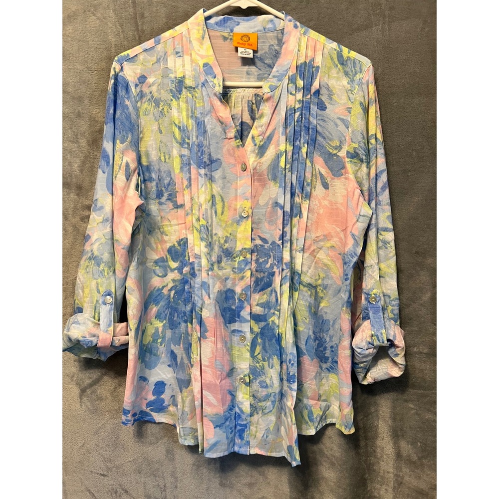 Ruby Rd Floral Blouse Size M Blue Pink Button Front Pleated Lightweight Top